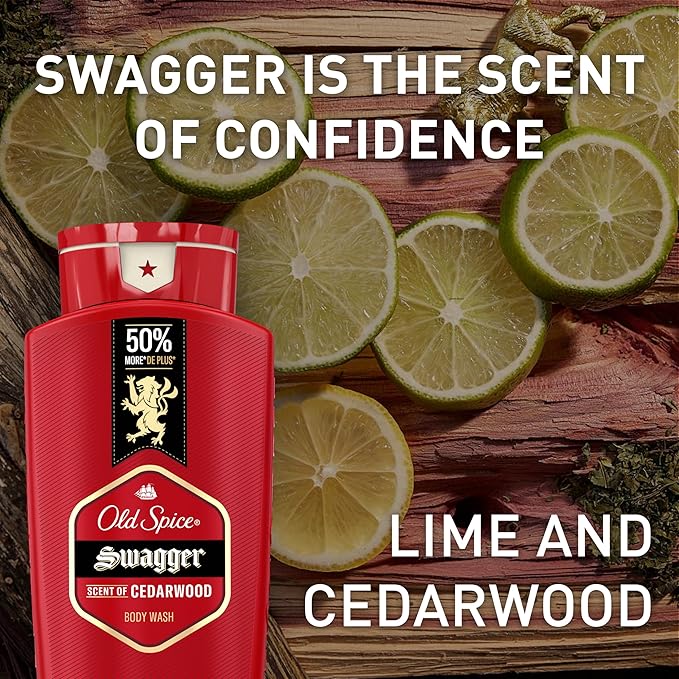 Old Spice Refreshing Body Wash for Men, 3X Defense, 24/7 Shower Fresh with Long Lasting Scent, Red Collection, Swagger with Cedarwood Scent, 24 oz (Pack of 6)