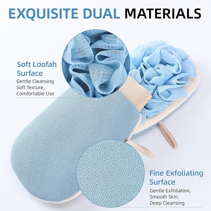 2-in-1 Exfoliating Glove for Self Tan Removal & Daily Shower, Dual-Sided Korean Body Scrubber Mitt with Loofah Sponge, Dead Skin Remover for KP, Ingrown Hair & Smooth Skin