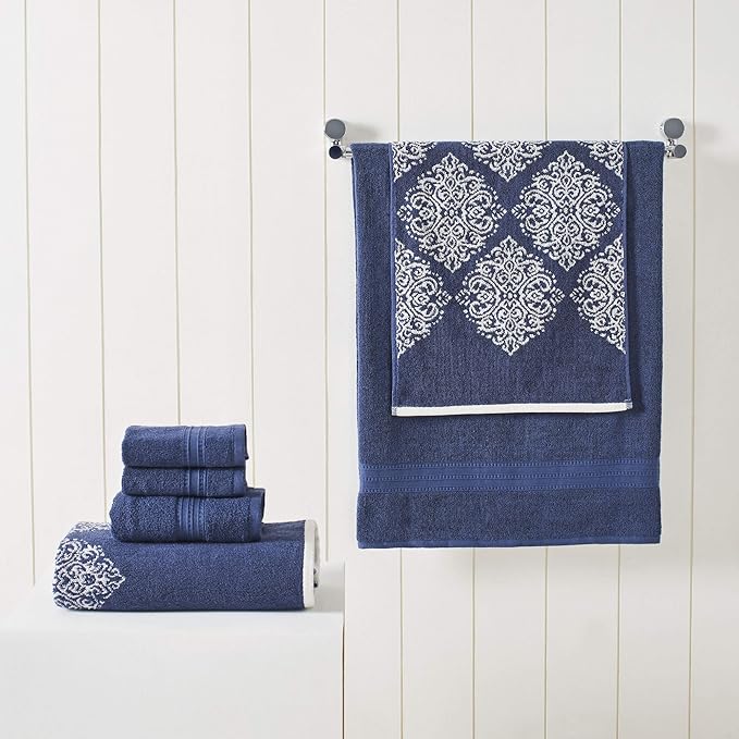 Modern Threads 6 Piece Reversible Yarn Dyed Jacquard Towel Set Artesia Damask Indigo