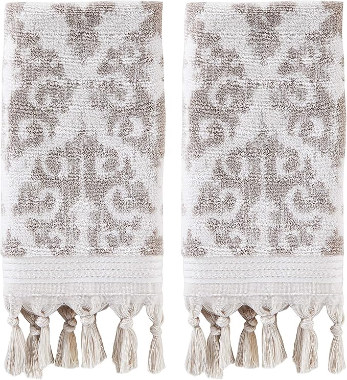 SKL Home Mirage Fringe 100% Turkish Cotton Hand Towel (2-Pack), Taupe , 16x26 in