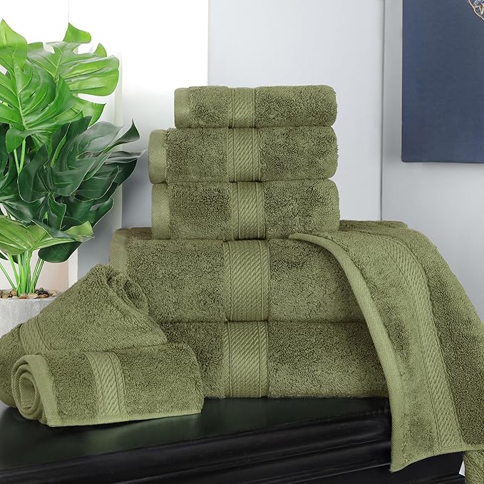 Superior Egyptian Cotton Pile 8 Piece Towel Set, Includes 2 Bath, 2 Hand, 4 Face Towels/ Washcloths, Ultra Soft Luxury Towels, Thick Plush Essentials, Guest Bath, Spa, Hotel Bathroom, Forest Green
