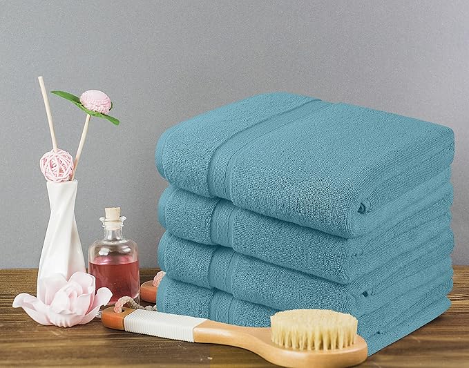 Towel and Linen Mart 4 Pieces Bath Towel Sets - Teal - 2 ply Low Twist Luxurious,Quick Dry, Extra Absorbent, 100% Ring Spun Cotton 600 GSM (27 x 54, Pack of 4)