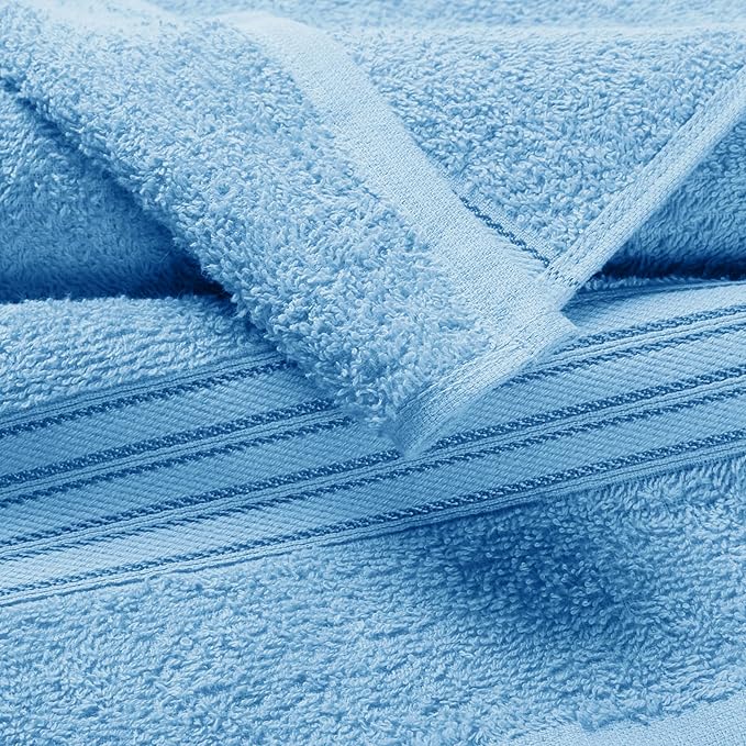BOUTIQUO Ultra Soft 3 Pack Cotton Towel Set, Contains a Bath Towels 28x55 inch, a Hand Towels 16x24 inch & a Wash Coths 12x12 inch, Ideal Everyday use, Compact & Lightweight - Sky Blue