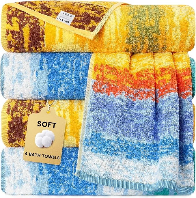 SEMAXE 4 Piece Colorful Striped Bath Towel Set for Bathroom, 100% Cotton Bath Towel with Hanging Loop, 55 x 27 Inch, Soft Absorbent & Quick Dry, for Bathroom & Travel