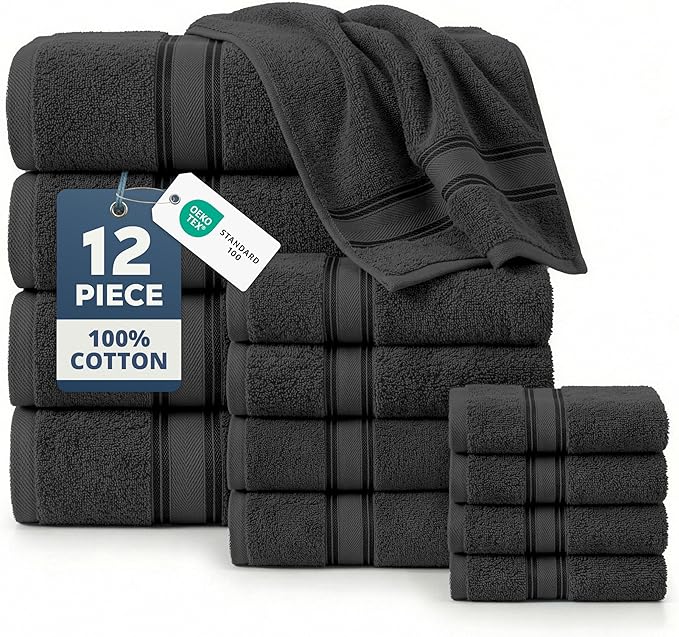 LANE LINEN 12 Piece Premium Towels for Bathroom – 100% Cotton Bath Towel Sets, Zero Twist, 4 Bath, 4 Hand Towel & 4 Wash Cloths, Highly Absorbent, Remains Soft After Wash, Hotel & Spa Quality – Black
