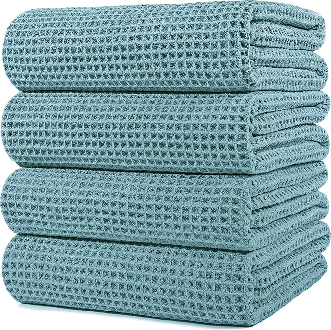 POLYTE 430 GSM Microfiber Oversize Quick Dry Lint Free Bath Towel, 60 x 30 in, 4 Pack (Waffle Weave)
