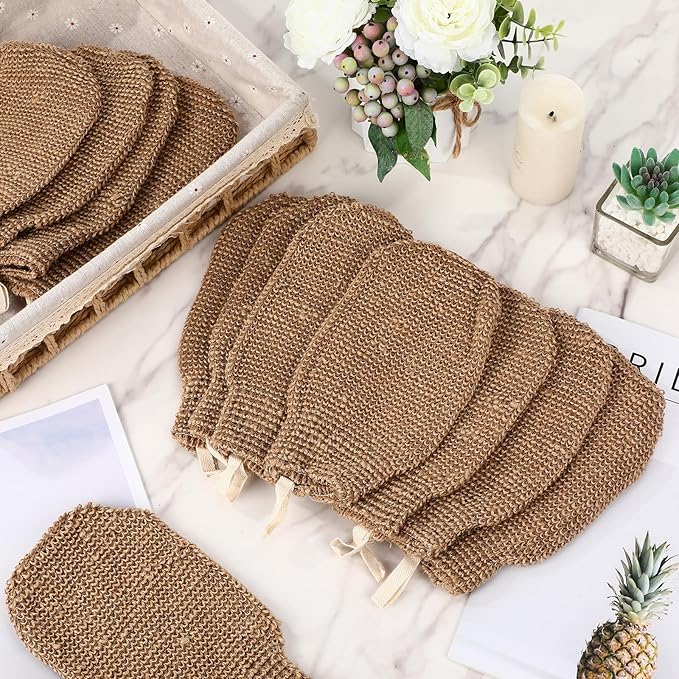 30 Pcs Exfoliating Shower Gloves Stretchable Jute Bath Mitts with Hanging Loop Body Scrubber Exfoliator Loofah Washcloth Deep Clean Dead Skin for Spa Massage Skin Shower Hotel Use(Brown)