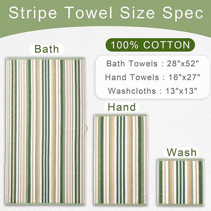 Sage Green Striped Towels Set- 100% Cotton, Quick Dry, Soft & Absorbent, 6PC Luxury Towels Set (2 Bath 28"x52", 2 Hand 16"x27", 2 Wash Cloth 13"x13"), Stripe Shower Towel with Hanging Loop