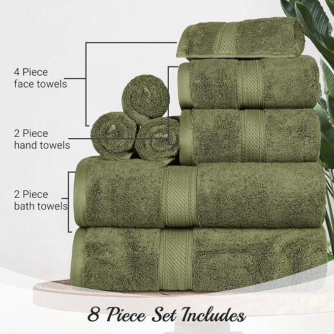 Superior Egyptian Cotton Pile 8 Piece Towel Set, Includes 2 Bath, 2 Hand, 4 Face Towels/ Washcloths, Ultra Soft Luxury Towels, Thick Plush Essentials, Guest Bath, Spa, Hotel Bathroom, Forest Green