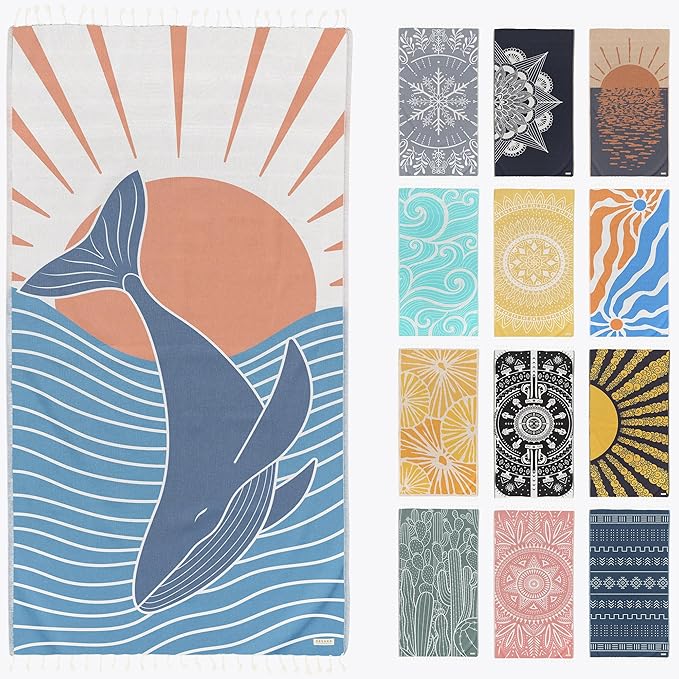 FESHKA Sand Free Turkish Beach Towel (37 x 67) Quick Dry Bath Towel, Oversized Beach Blanket, Lightweight for Travel - Made with 100% Organic Turkish Cotton - Happy Whale