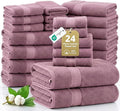 LANE LINEN Bathroom Towels Set - 24 PCs - 100% Ring Spun Cotton - Quick Dry, Soft & Absorbent - 4 Bath, 4 Fingertip, 6 Hand Towel, 8 Washcloths, 2 Bath Sheets - Towels for Regular Use - Wistful Mauve