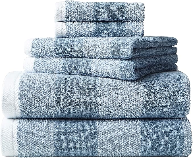 Nautica - Bath Towel Set, Cotton Bath, Hand & Washcloths, Plush, Absorbent & Quick-Dry, Striped Americana Decor, Set of 6, Oak Lake Blue