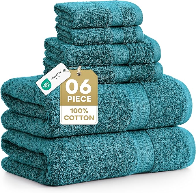 LANE LINEN Luxury Cotton Bath Towel Set of 6 - Soft, Absorbent & Quick Dry - 2 Bath, 2 Washcloths, 2 Hand Towels for Bathroom - OEKO TEX Certified - Smart & Durable Choice for Every Home - Sea Port