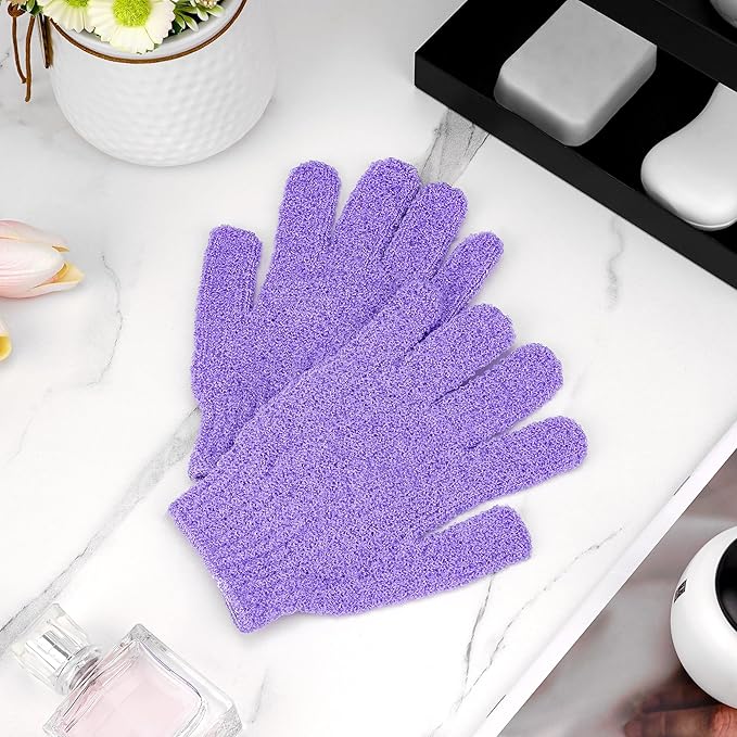 4 Pairs Bath Gloves, Body Scrub Mitts, Shower Scrubber Gloves for Shower Spa Massage & Body Scrub for Women Bath Spa Accessories (Purple, S)