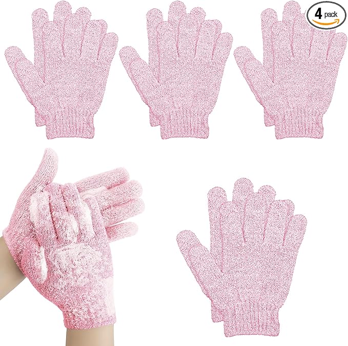 4 Pairs Bath Gloves, Body Scrub Mitts, Shower Scrubber Gloves for Shower Spa Massage & Body Scrub for Women Bath Spa Accessories (Pink, S)