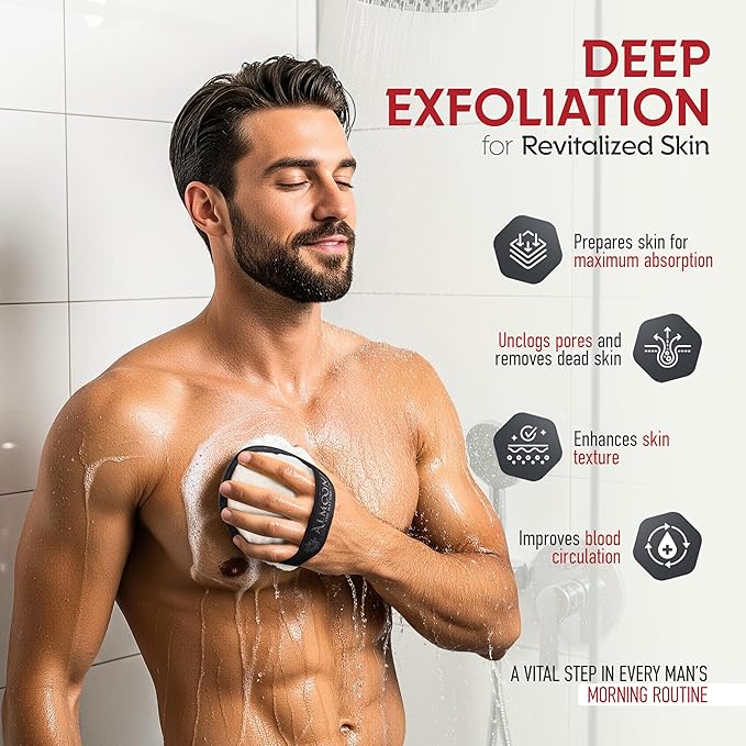 Almooni Natural Exfoliating Loofah for Men, Lightly Abrasive Egyptian Loofah Body Scrubber for Men, Dual-Sided with Cotton Back, Hand Strap, Black, 2-Count