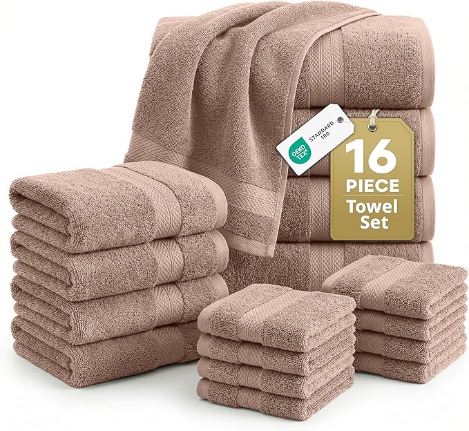 LANE LINEN 100% Cotton Towels Set - 16 Piece value pack - Soft, Absorbent & Durable - 4 Bath, 8 Washcloths, 4 Hand Towels for Bathroom - Ideal for Home, Spa & Gym - Quality You Can Trust - Taupe