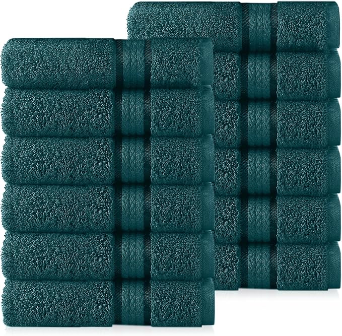 Cotton Craft Ultra Soft 12 Pack Wash Cloths 12x12 Teal Weighs 2 Ounces Each - 100% Pure Ringspun Cotton - Luxurious Rayon Trim - Ideal for Everyday use - Easy Care Machine wash