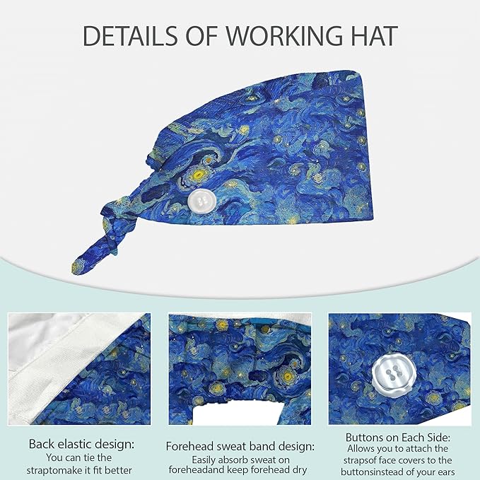 2 Pcs Working Cap with Sweatband for Women Men, Adjustable Cleaning Working Hats, Nurse Surgical Caps