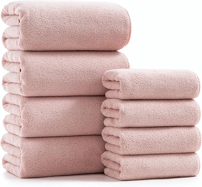 sakano Microfiber Bath Towel Set Ultra Soft Absorbent Speedy Drying Fade Resistant, 4 Bath Towels and 4 Hand Towels, Perfect for Family Bathroom, Gym, and Spa Use - Pink