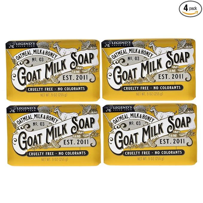 Legend's Creek Farm Goat Milk Soap - Triple Milled Moisturizing Bar for Hands and Body - 9 Oz Creamy Lather, Nourishing, Natural Soap for Sensitive Skin (Oatmeal, Milk & Honey, Pack of 4)