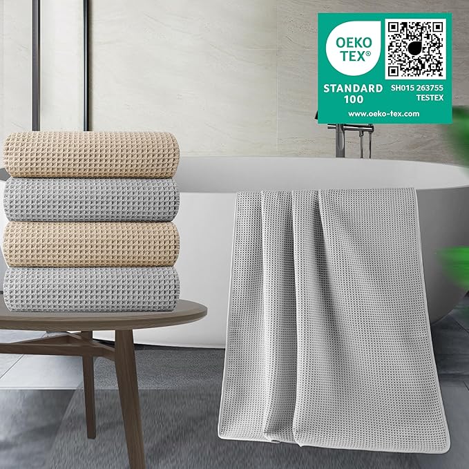 POLYTE 430 GSM Microfiber Oversize Quick Dry Lint Free Bath Towel, 60 x 30 in, 4 Pack (Waffle Weave)
