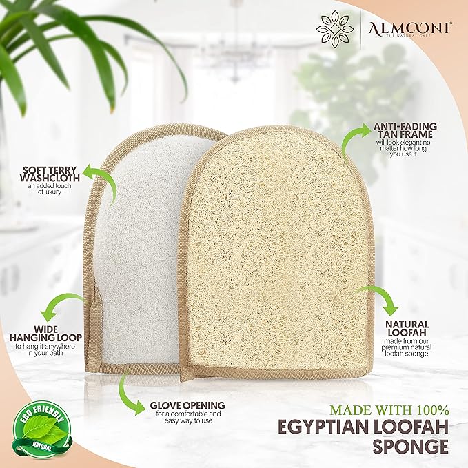 Almooni Egyptian Loofah Gloves for Women & Men, Real Natural Egyptian Loofah Mittens with Terry Cloth, Premium Exfoliating Mitt for Body Cleansing, 2-Pack
