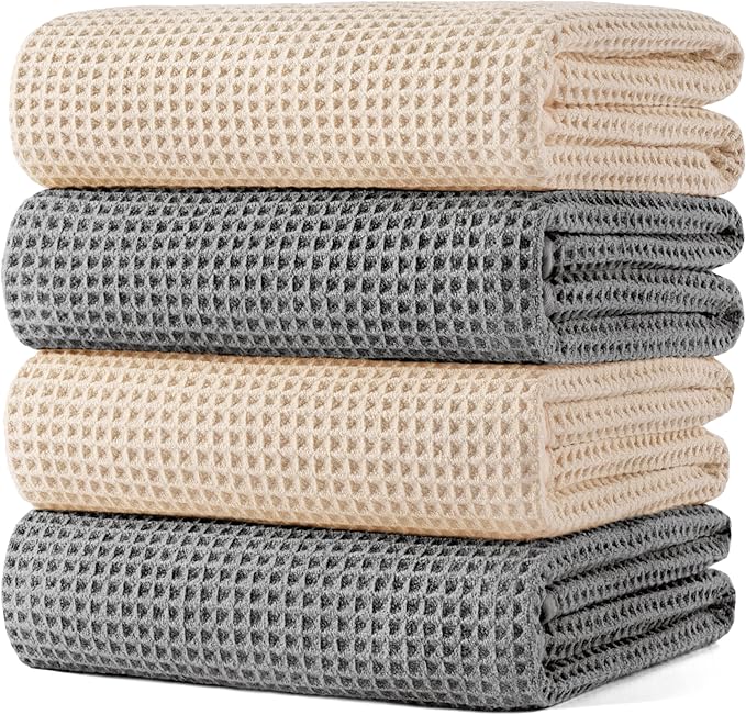 POLYTE 430 GSM Microfiber Oversize Quick Dry Lint Free Bath Towel, 60 x 30 in, 4 Pack (Waffle Weave)