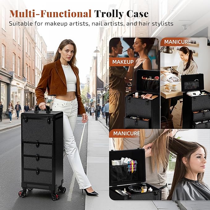 Rolling Makeup Train Case with 3 Drawers, Nail Trolley Cart Salon Station Cosmetology Case on Wheels Organizer Cases for Nail Tech,SPA,Face Painting,Hairstylist,Makeup Artist (Black)