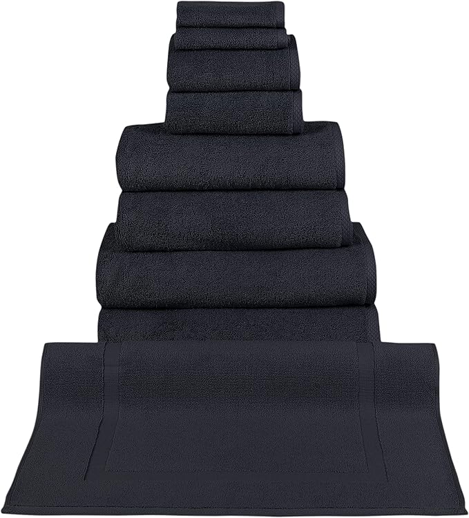 Classic Turkish Towels CTT - 9 Piece Premium Towel Set, 100% Turkish Cotton, Highly Absorbent & Comfy, Includes 2 Bath Towels, 2 Hand Towels, 2 Washcloths, 2 Bath Sheets & 1 Bath Mat | (Black)