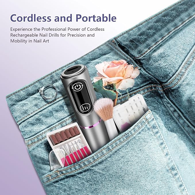 TUOBEO Cordless Nail Drill Electric Rechargeable File Kit, Professional Efile Acrylic Gel Nail Polish Remover Pedicure Manicure Machine Portable Set with 11 Bits 56 Sanding Bands for Salon Home Gray