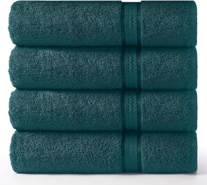 Cotton Craft Ultra Soft 4 Pack Oversized Extra Large Bath Towels 30x54 Teal Weighs 22 Ounces - 100% Pure Ringspun Cotton - Luxurious Rayon Trim - Ideal for Everyday use - Easy Care Machine wash
