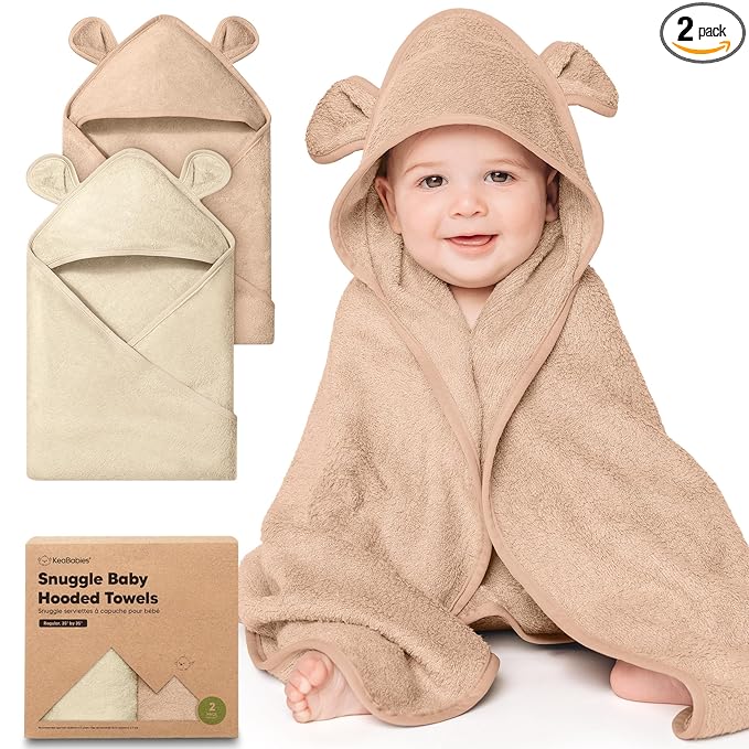 KeaBabies 2-Pack Hooded Baby Towels for Newborn - 35x35 Soft & Absorbent Viscose From Bamboo Baby Bath Towels with Hood for Infant, Toddler, Kids, Boys Girls, Newborn Bath Essentials (Almond, Regular)