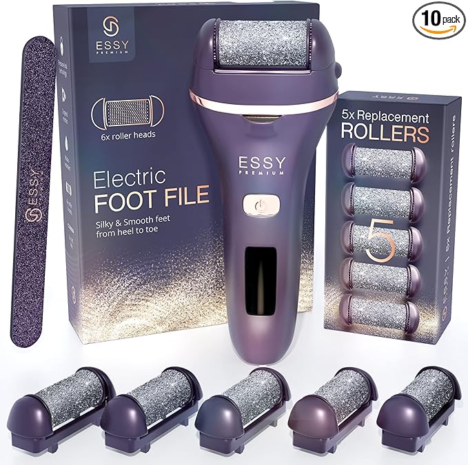 Essy Electric Foot File Hard Skin Remover with 5 Replacement Rollers Foot File Electric Pedicure Sets Cutters Accessories for Dry Dead Hard Skin Feet Callus Remover for Feet Care Exfoliator (Purple)
