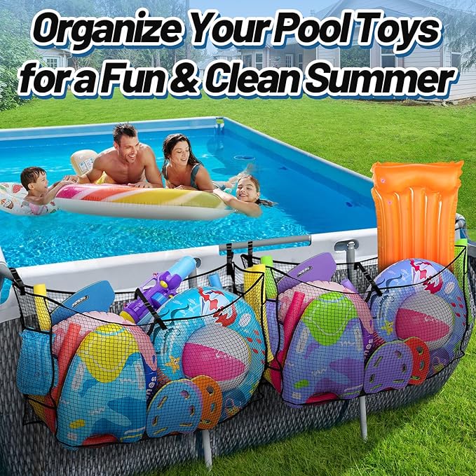 2Pcs Large Pool Float Toy Storage Net - 59x11.8x33.5in Durable Mesh Net Organizer for Fence with Straps, Poolside Fence Toys Holder for Inflatable Rafts Pool Noodles Balls Swimming Ring