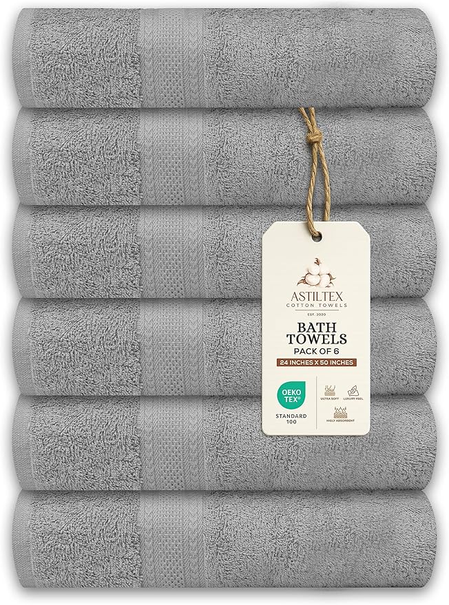 Large Bath Towels Pack of 6 – 24" x 50", 100% Cotton Terry – Soft, Quick-Dry & Highly Absorbent – Light Grey Towels for Bathroom, Spa, Shower, Pool & Daily Use