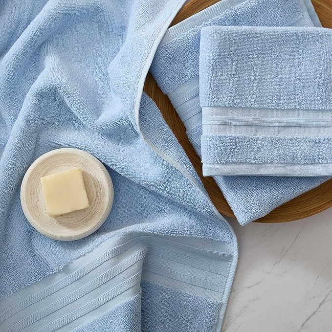 Martha Stewart - Bath Towels, Soft & Absorbent 100% Cotton Towels, Plush 700 GSM, 6-Piece Bathroom Towel Set with Textured Dobby Weave (Skyland Manor Blue)