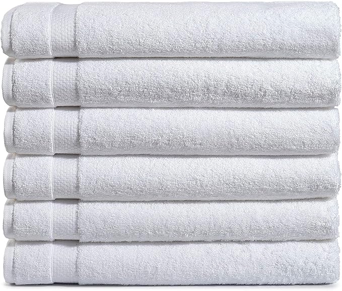 Amazon Basics 6-Pack Bath Towels, 100% Ring Spun Cotton, 600 GSM, Lightweight and Highly Absorbent, Quick Drying, Hotel Quality, 27 x 54 inches, White