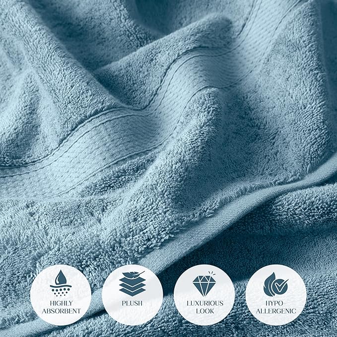 SUPERIOR Solid Egyptian Cotton Towel Set, Washcloths 13” x 13”, Hand Towels 20” x 30”, Bath Towels 30” x 55”, Denim Blue, 6-Pieces