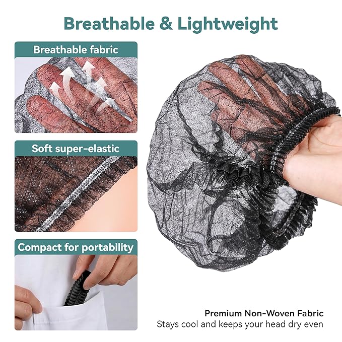 100Pcs Hair Nets for Women & Men -Hair Nets for Food Service Workers,Disposable Bouffant Caps for Women & Men, Elastic 21 Inch Non-Woven Head Covers for Kitchen, Cooking & SPA (Black)