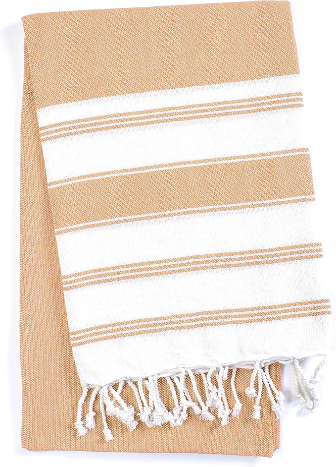 Goroly Home Cotton Turkish Peshtemal Beach Towel, Extra Large, Thin Quick Dry Sand Free Pool & Swim Towel, Bathing Blanket, Travel Essentials, (Mustard, 36x71 Inches)