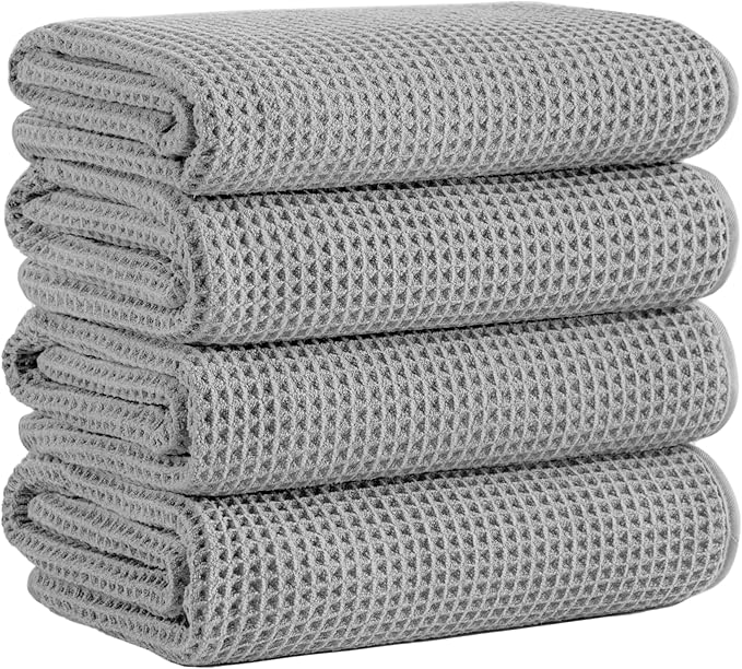 Microfiber Waffle Bath Towels, 4 Pieces, Soft, Absorbent, Fast Drying, Lint Free 430 GSM (Silver)