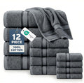 LANE LINEN Towel and Washcloths Set of 12 – 100% Cotton, Zero Twist, 4 Large Bath Towel, 4 Hand Towels & 4 Wash Cloths, Quick Dry & Long-Lasting, Perfect for Family Bathrooms, Easy Care – Cool Grey