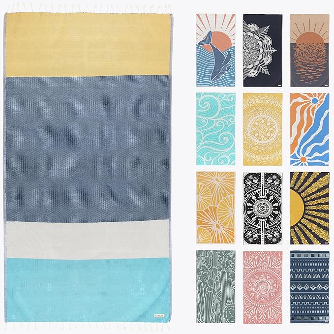 FESHKA Sand Proof Turkish Beach Towel – Oversized, Quick Dry & Lightweight Travel Towel - 100% Organic Cotton Beach Blanket - Perfect for Bath, Pool & Picnic | Coastal Dream (Yellow/Navy/Blue)