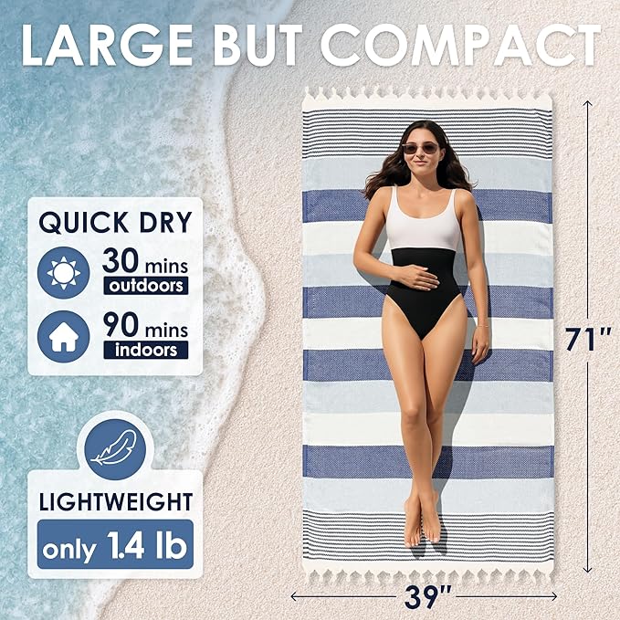 ATANI Turkish Beach Towel (71x39 Inches), Converts to a Bag, Oversized 100% Cotton Bath Towels Lightweight Quick-Dry Beach Blanket for Travel, Picnic, Camping, Yoga and Pool (Blue)