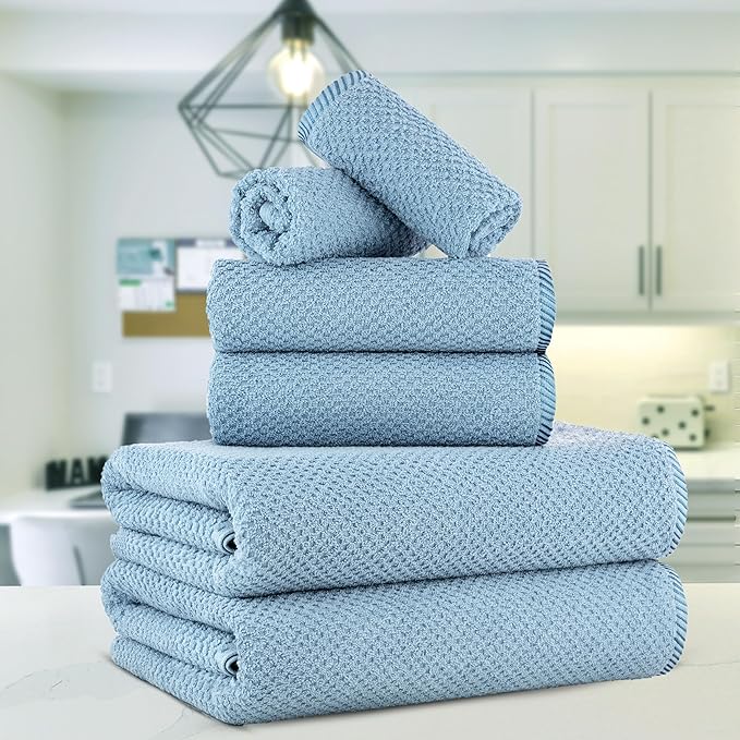 CASA COPENHAGEN Popcorn 6Pcs 100% Egyptian Cotton Large Designer Towels Gift Set- Dusty Blue, 600GSM, 2Bath 2Hand 2Washcloths, Bath Towels for Bathroom Set for Women & Men