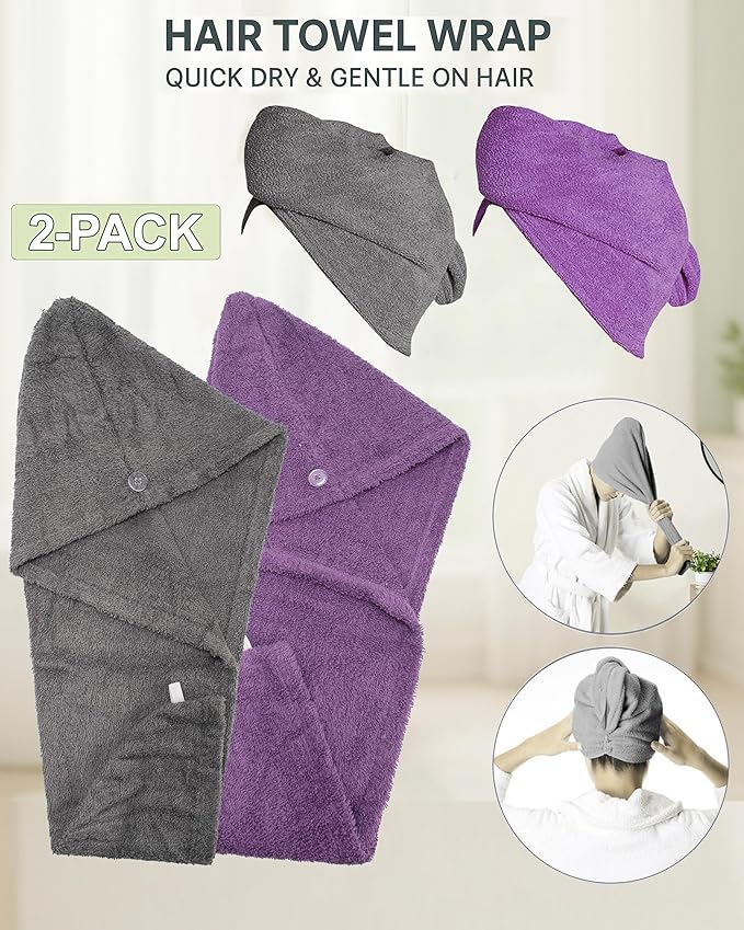 Textila 100% Cotton Hair Wrap Towels for Women (Pack of 2, Plum & Grey) – Soft & Absorbent Turban Towels for Long, Curly, Frizz-Prone Hair