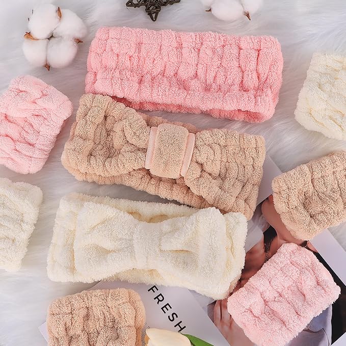 DiyJibb 9 Pcs Spa Headband for Washing Face,Skincare Headband and Wristband Set,Women Teen Girls Facial Hairbands for Washing Face, Makeup, Sports, Yoga (apricot + pink + grey)
