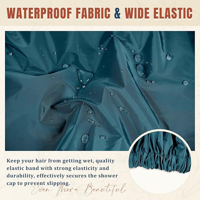 Reusable Shower Cap for Women, Large Waterproof Shower Bonnet with Elastic Band, Washable Bath Hair Cap for Long, Curly Hair, Braids, Daily Shower, Home Spa, Travel(Bamboo Moon Blue)