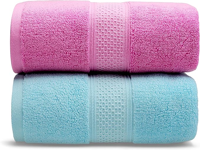 Cotton Bath Towels Set, 2-Piece Set(27x55 Inches) Super Absorbent Quick Drying, Soft,Suitable for Bathroom, spas, Gyms,Gift(Rose Pink,Sky Blue)